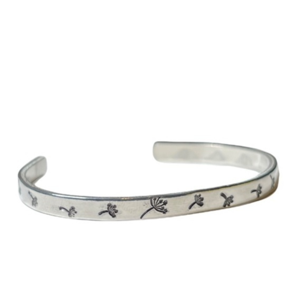 Handmade stamped dandelion silver adjustable‎ hypoallergenic stackable bracelet